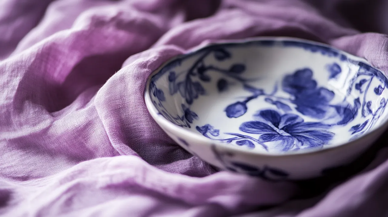 Hand-painted Delft blue ceramic bowl on purple fabric — Delft house clearance heritage