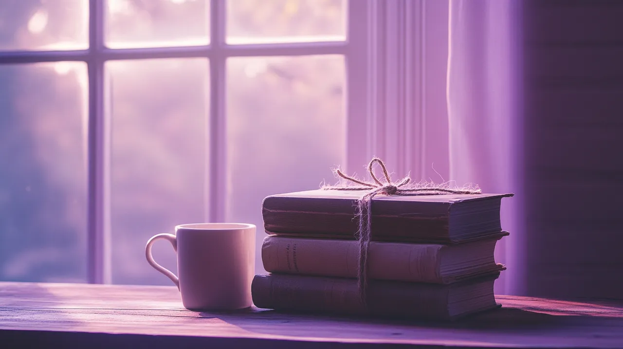 Worn books tied with twine beside a coffee mug at a twilight window — Leiden house clearance