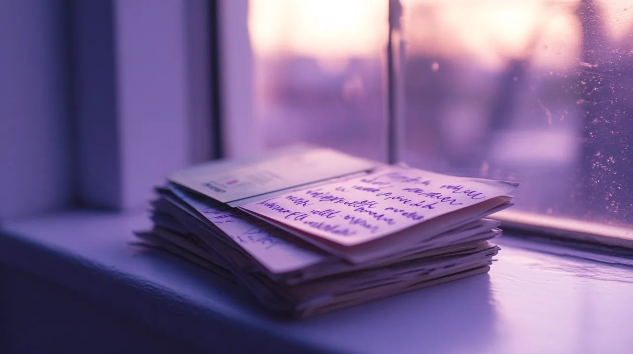 Handwritten postcards stacked on a windowsill at dusk — The Hague house clearance memories